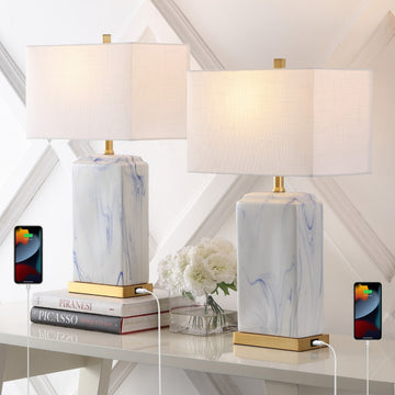 Chloe 24.5" Modern Coastal Iron/Marbled Ceramic LED Table Lamp with USB Charging Port - JONATHAN Y
